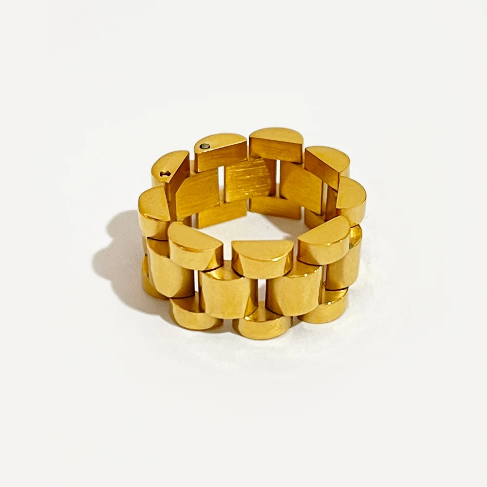 Peri'sbox Solid Gold Color Bold Wide Thick Ring for Women Chunky Link Chain Titanium Steel Strap Finger Rings Jewelry, gold color rings, finger ring, gold color ring, chain ring
