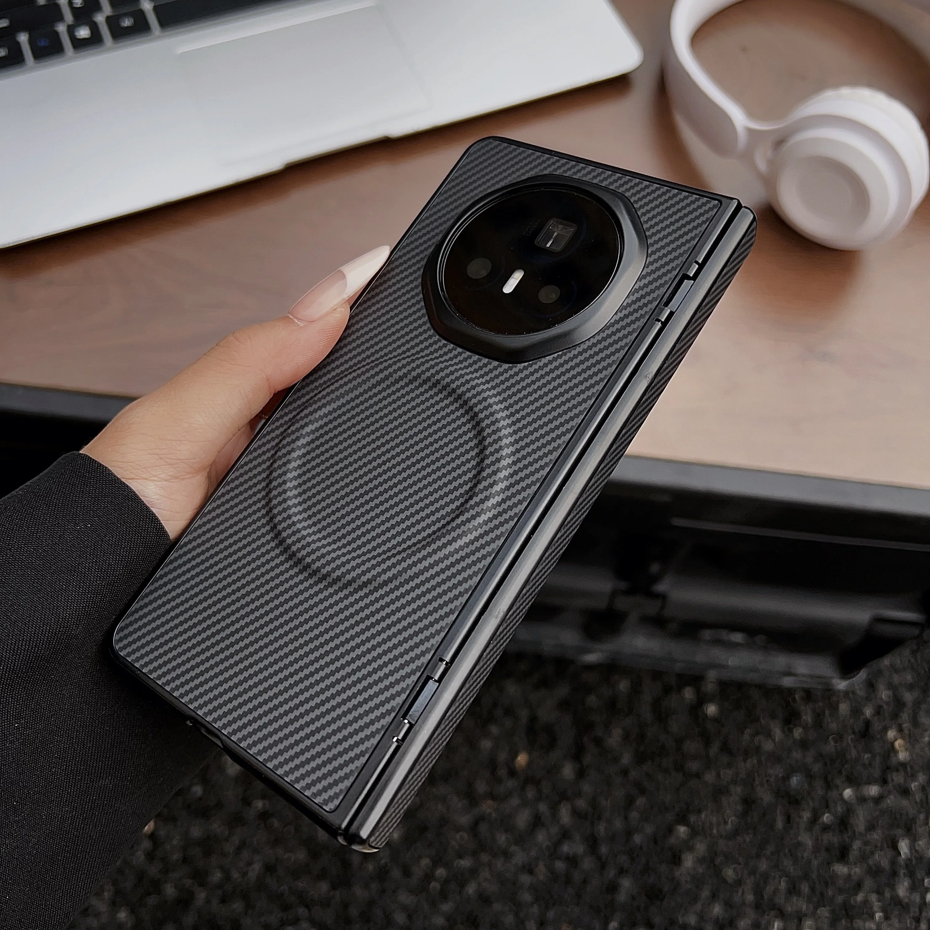 Luxury Carbon Fiber Pattern PU Leather Folding Wireless Charging Phone Case