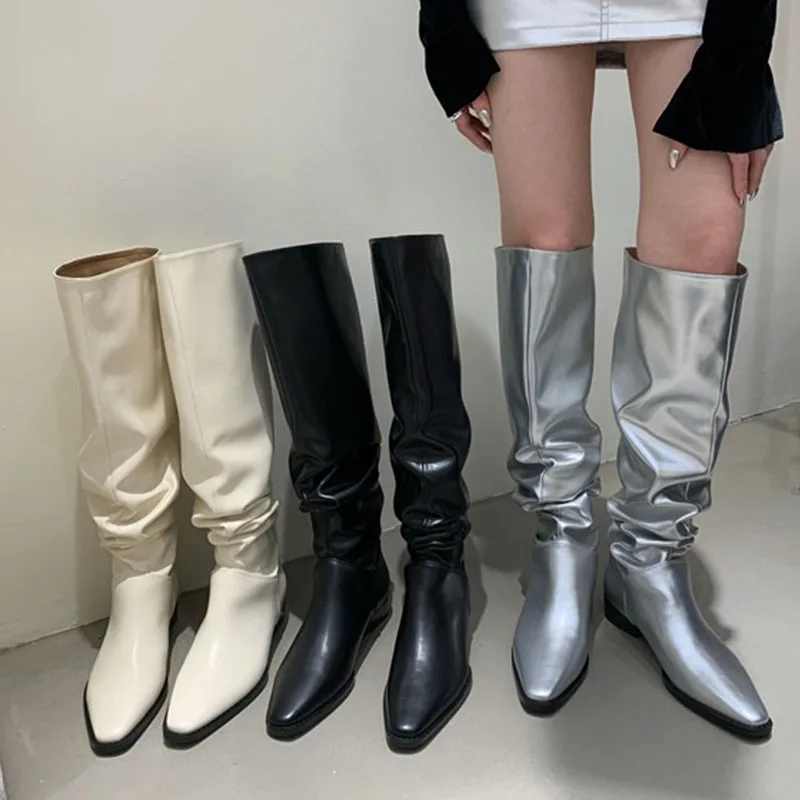 

Женские Плиссированные сапоги без застежек, черные сапоги до колена на низком каблуке, зима 2023