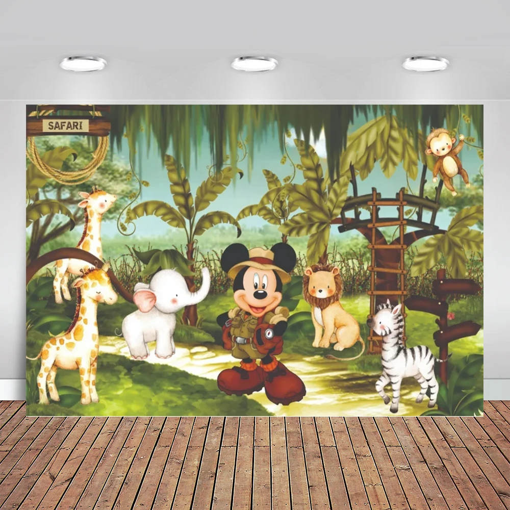 Topolino Safari Jungle Party Fondali Green Forest Car Animals Boys Baby Shower Happy Birthday Photography Background
