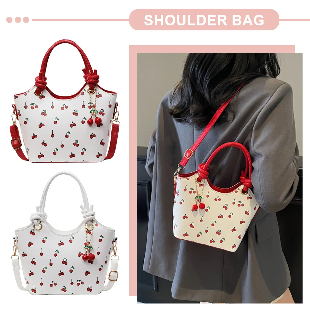Leather Bucket Fashion Shoulder Bag for Women Cherry Printed Crossbody Bag Trendy Top-handle Bag with Adjustable Removable Strap
