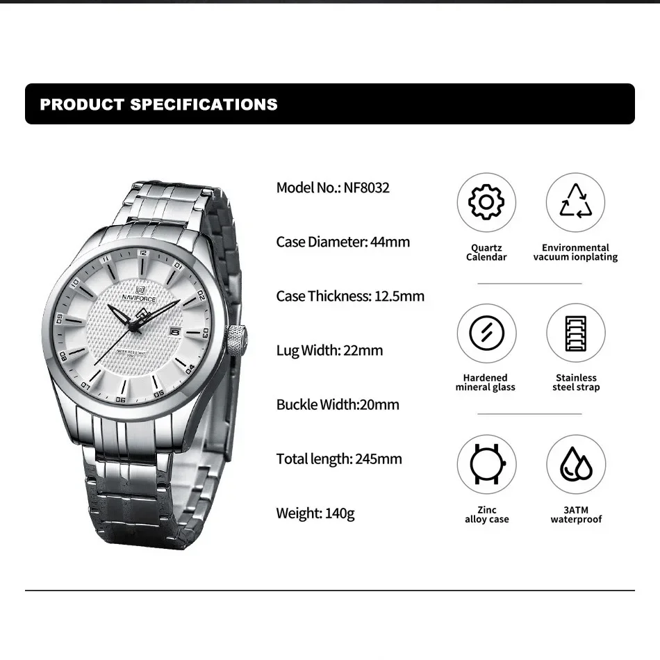 NAVIFORCE NF8032 Mens Business Casual Waterproof High Quality Stainless Steel Band Quartz Watches for Men Relogio Masculino 2
