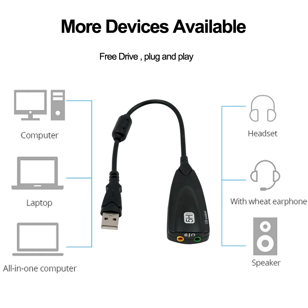 5HV2 외장 USB 사운드 카드 7.1 어댑터 USB to 3D CH 사운드 안티마그네틱 오디오 헤드셋 마이크 3.5mm 잭 노트북 PC용