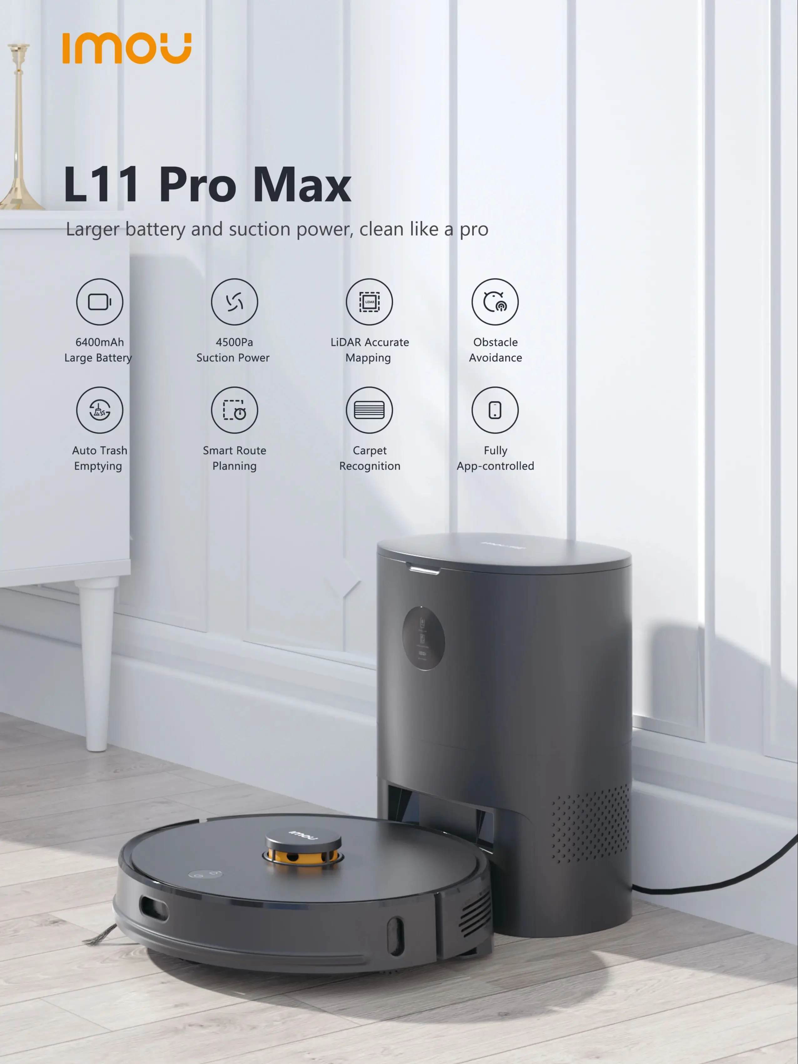 IMOU 로봇 진공 청소기, L11 프로 맥스 스마트 가전, 걸레 및 스위퍼, 자체 비우기, 3 인 1 청소 기계