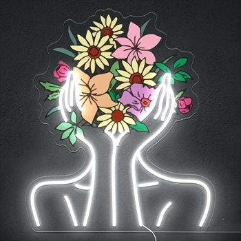 Woman with Flowers LED Neon Sign – Floral Neon Wall Decor