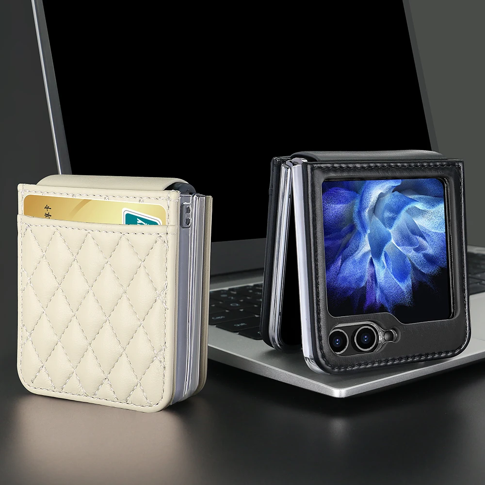 Luxury Vertical Cards Solt Leather Wallet Case for Samsung Galaxy Z Flip 6 5 4 3 5G Flip6 Flip5 Hand Strap Diamond Hinge Cover_voghion.com