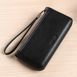 Men's Luxurious Long Leather Wallet - Soft Cowhide Handbag with Gradient Yellow Finish (Black)