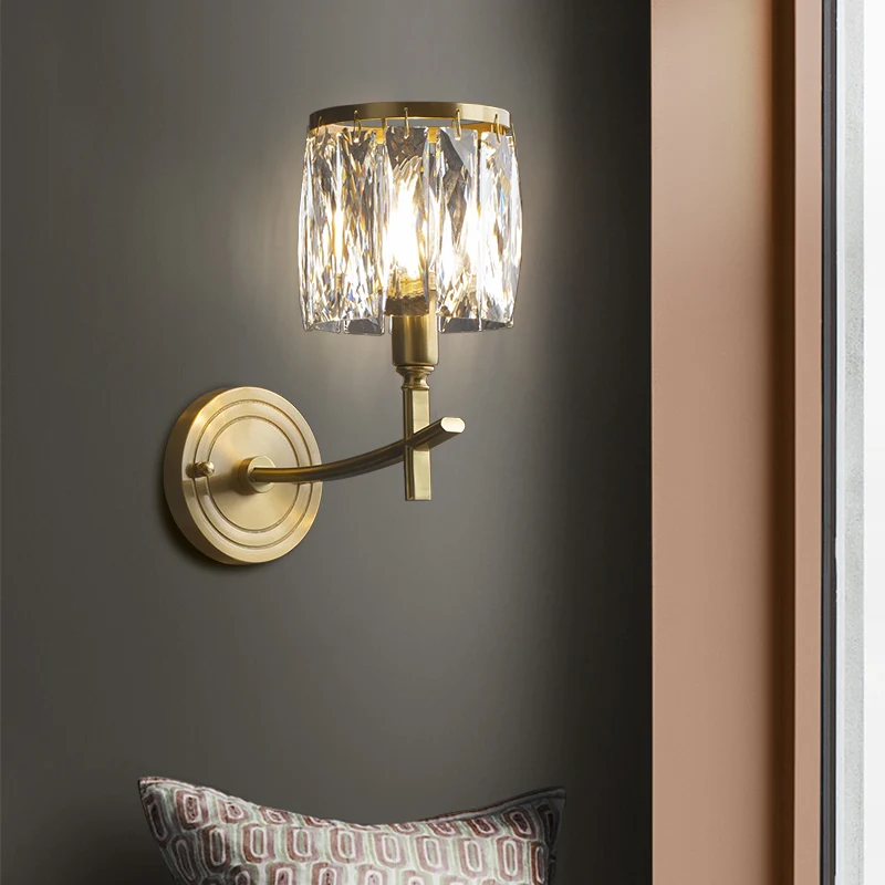 

Light Luxury All Copper Crystal Wall Lamp American Living Room Background Wall Bedroom Bedside Corridor Aisle Staircase Walllamp