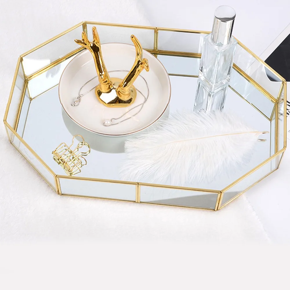 Polygonal Gold Mirror Tray,Beautiful and Elegant Glass Decorative Tray Multi-purpose Durable Vanity Tray Makeup Tray 2