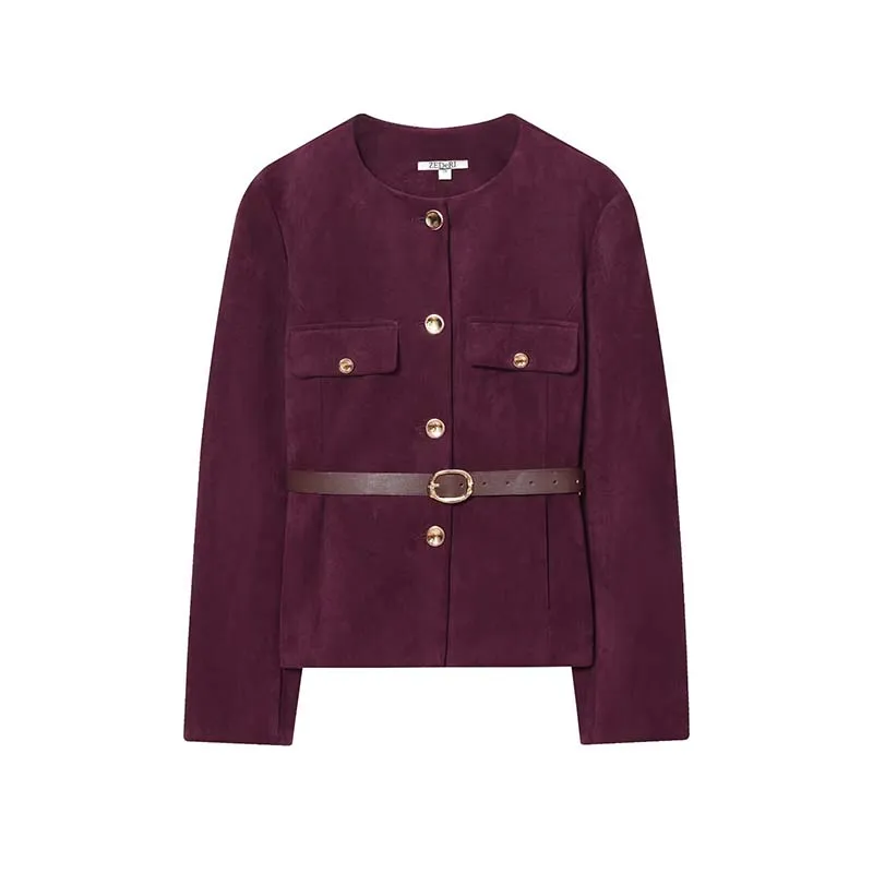 Chic Fashion Suede Blazer Woman Autumn Single Breasted Long Sleeves Belt Blazers Jacket Casual New Women's Suit Coat