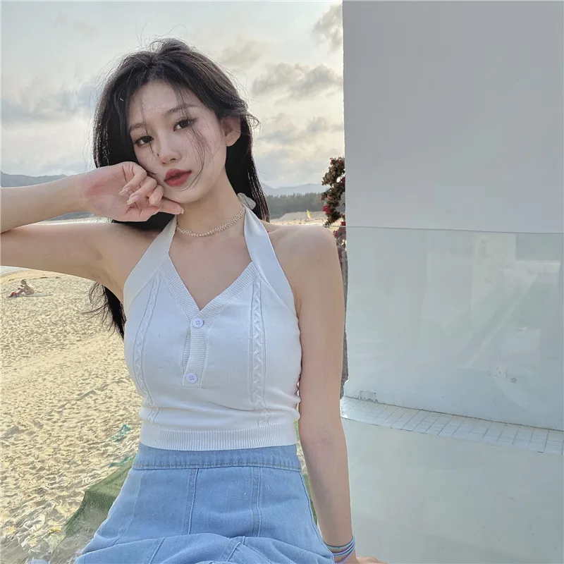 Boring Honey Women Tops Summer Bowknot Halter Knitting Sling Vest Double Buckle Hot Chick Sexy Chic Y2k Clothes Base Shirt camisole