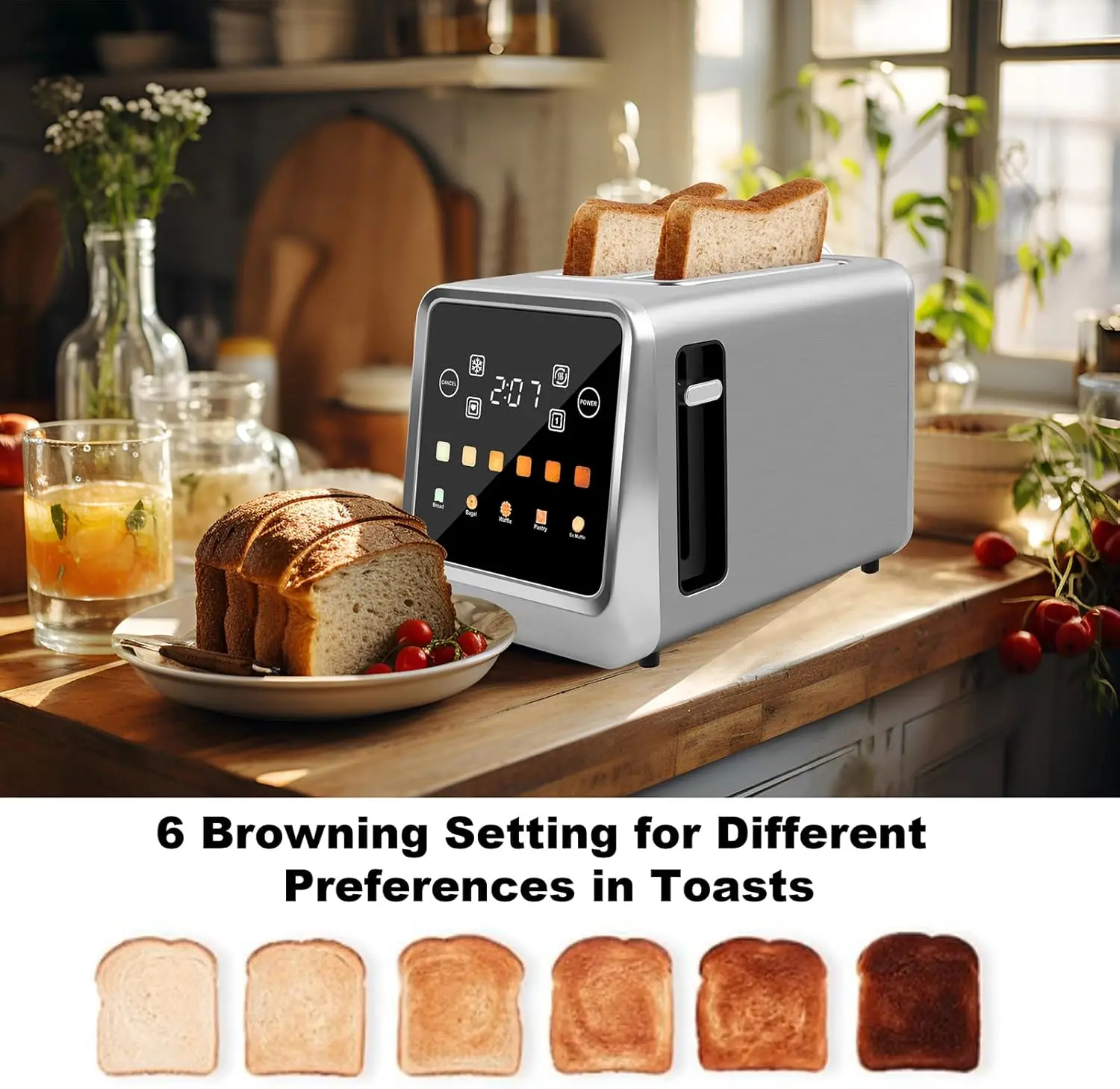 Touch Screen Toaster 2 Slice Bagel Toaster with LCD Display Stainless Steel Smart Digital Toasters with Single Slot Toasting 4