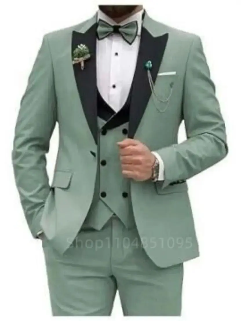 Elegant Matcha 3 Piece Men's Tuxedo Slim Fit Fashion Wedding Formal Peak Lapel Blazer Vest Pants Set for Party Homme Costume