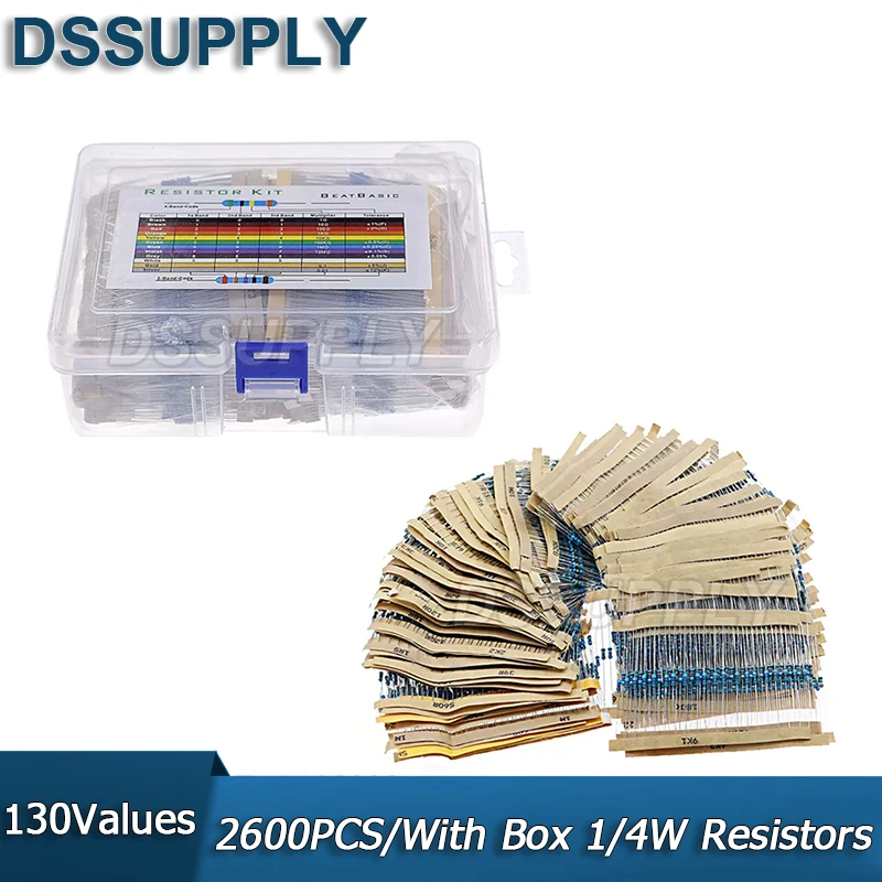 

130 Values 2600PCS/With Box 1/4W 0.25W 1% Metal Film Resistors Assorted Pack Kit Set Lot Resistors Assortment Fixed Resistor