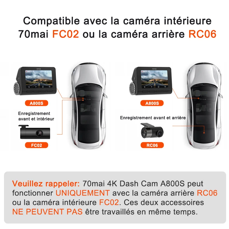 70mai A800S-1 2160P 70mai caméra de tableau de bord avant 4K A800S-1 prise  en charge DVR de voiture arrière ou intérieur caméra de voiture 24H Mode de  stationnement 140FOV GPS - AliExpress