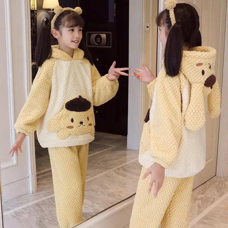 

Kawaii Sanrioed Children's Hooded Pyjamas Pompompurin Kururomi Cinnamoroll Boys and Girls Winter Long Sleeved Warm Pyjama Set
