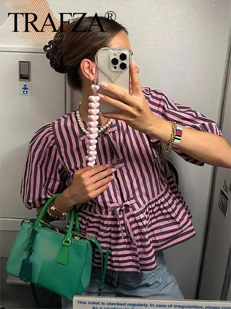 HH Bow Lace Up Blouse For Women Summer Fashion Purple Stripe Short Puff Sleeve Shirt 2024 Female Casual Streetwear Top