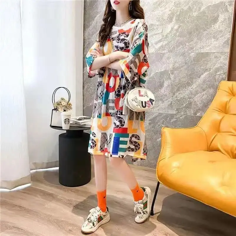 

Mid-length T-shirt Skirt Women's Summer New Short Sleeve Loose Oversized Women's Dress Fat Mm100-150kg Summer Dress Nightgown