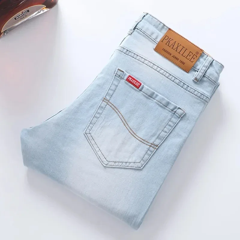 2024 Spring and Autumn New Classic Youthful Vitality Men's Fit Straight Thin Denim Jeans Lightweight Cotton Stretch Trousers