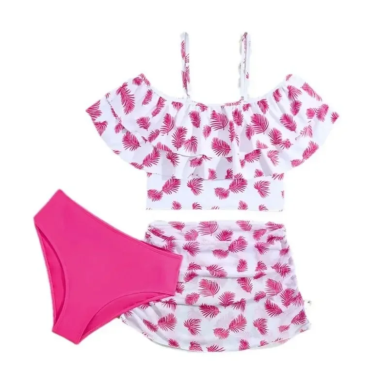8-12 Years Kids Girls Bikini Sets Summer Holiday Beachwear 3PCS/set Printed Swimsuit Flounce Top with Brief Skirt