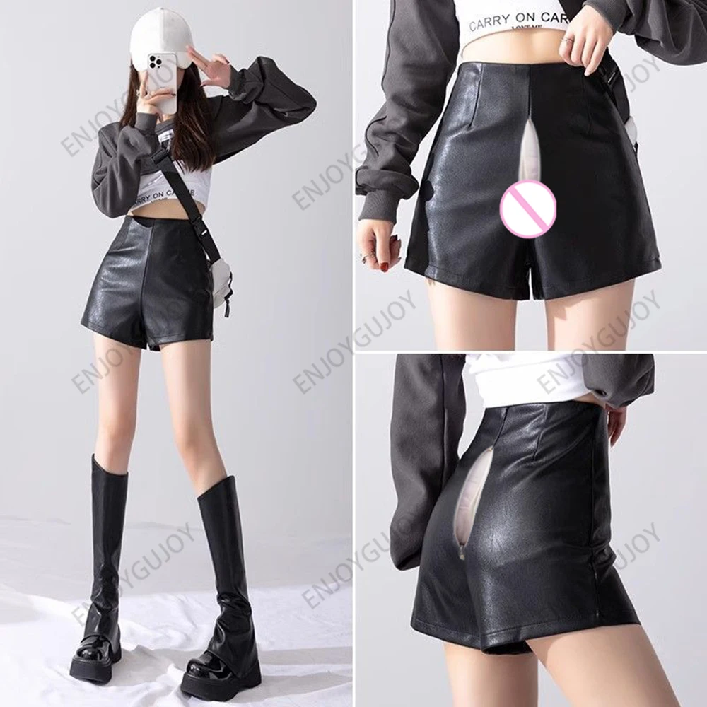 

Black PU Leather Shorts Ms Invisible Open Crotch Outdoor Sex High Waisted Slim Casual Straight Leg Pants