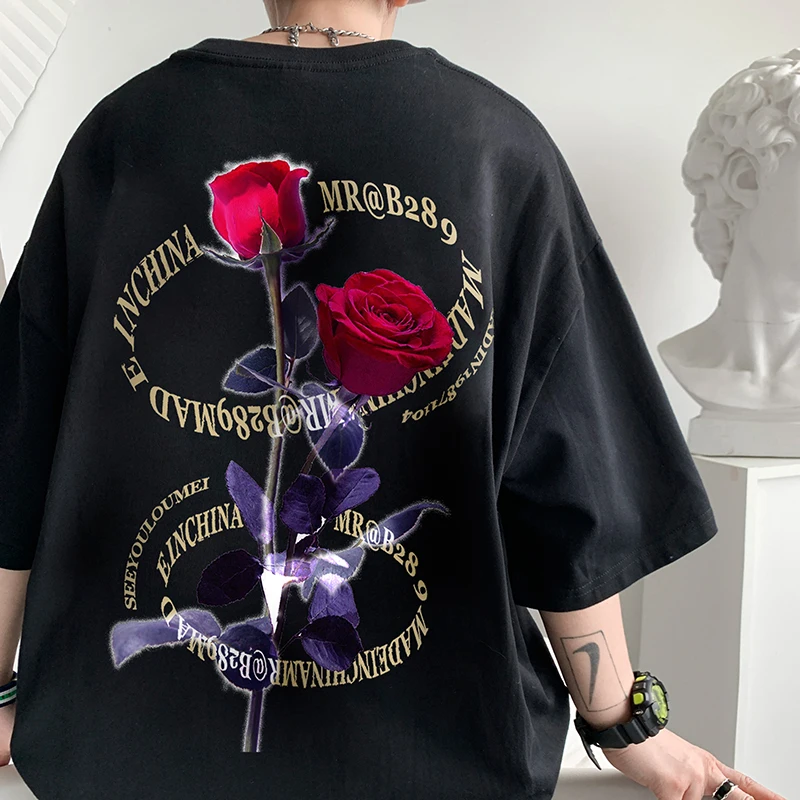 

Vintage Rose Print Tshirt Men Women Chic Fashion 2022 Summer Loose O Neck Tees Tops Graphic T Shirts Harajuku Teens 5XL-S