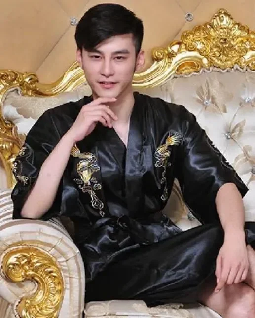 

Nightgown Loose Robe Dragon Cardigan Neck Robe Home Men Sleep Clothes Bathrobe Dress Sleepwear V Lounge Embroidered