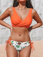 Vzvn Women Swimwear Cross Pleated Backless Lace Up Bikini 2025 New Beach Two Piece Bathing Suit Vintage Printing Bikini Set