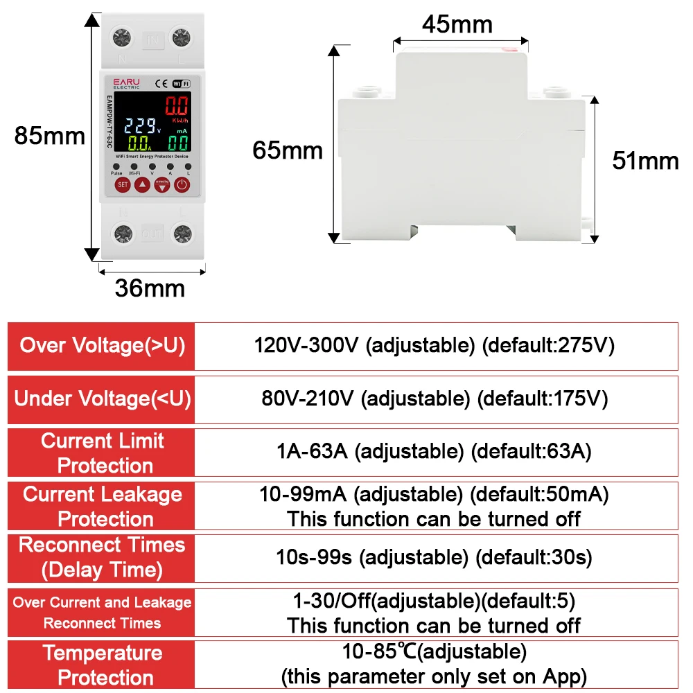 63A TUYA Circuit Breaker WiFi Smart Earth Leakage Over Under Voltage Protector Relay Device Switch Energy Power Meter kWh LCD