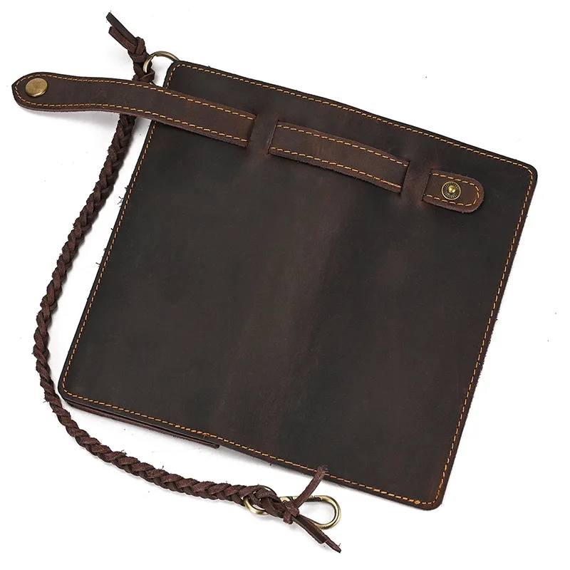 Vintage Crazy Horse Leather Long Wallet with Chain for Men, RFID Blocking Wallet