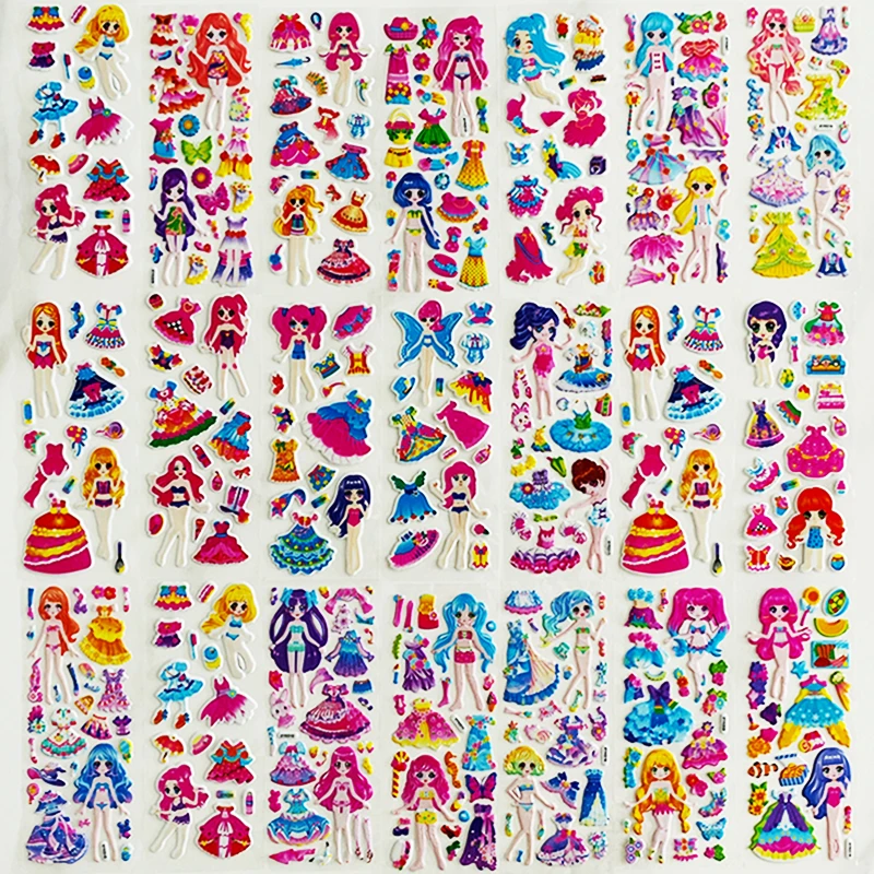 

6/8/10/12Sheets Beauty Princess Dress Up Girls Stickers 3D Bubble Puffy Sticker Kids Christmas Gifts Scrapbooking DIY Decoration