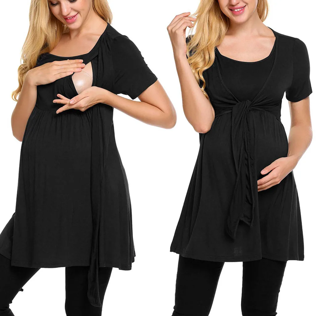 Mom Casual T-Shirt Pregnant Women Mid-Length Breastfeeding Top T-Shirt Summer Short Sleeve Maternity Dress Breastfeeding Clothes