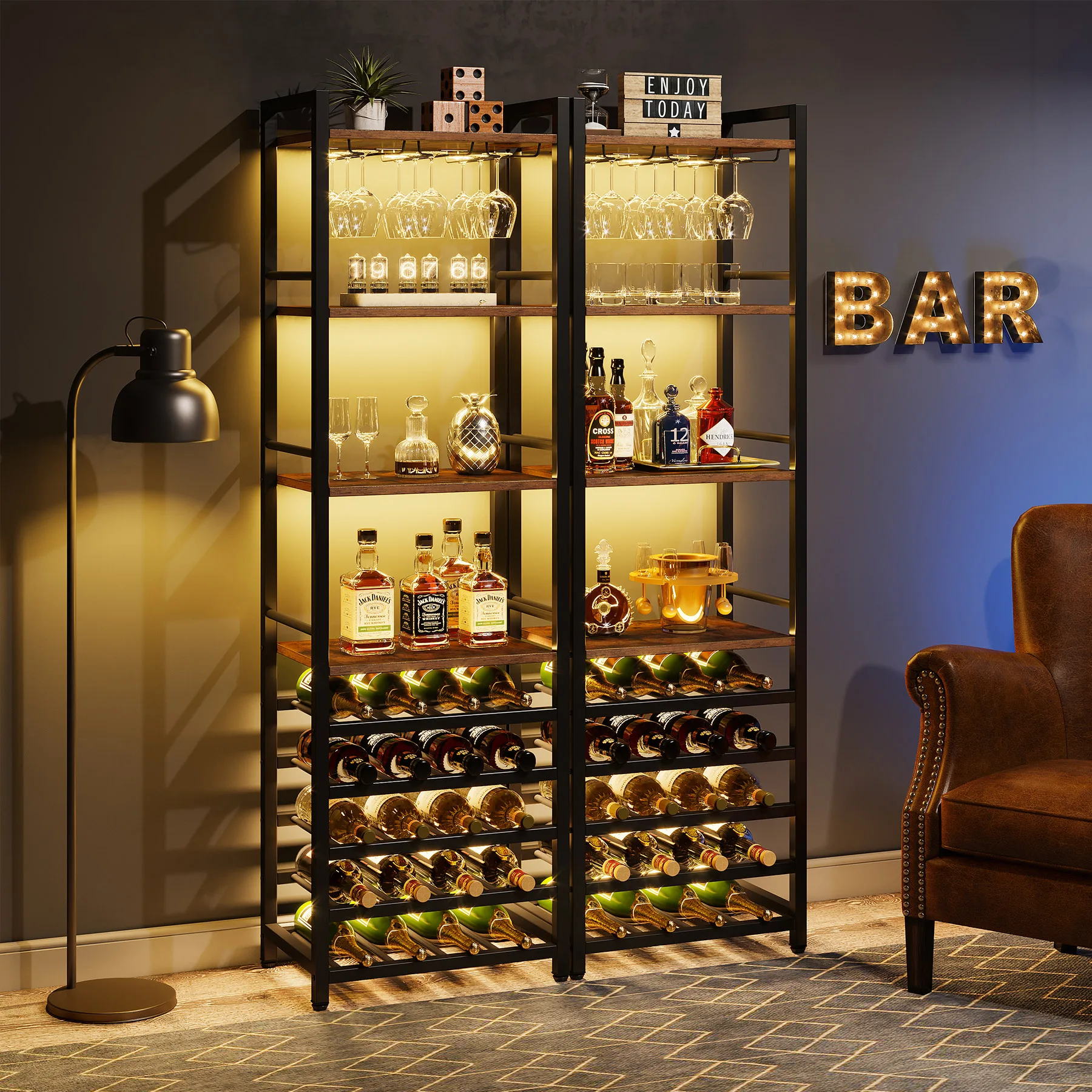 Tribesigns 20 Bottle Wine Bakers Rack, 9 Tier Freestanding Wine Rack with Glass Holder and Storage Shelves