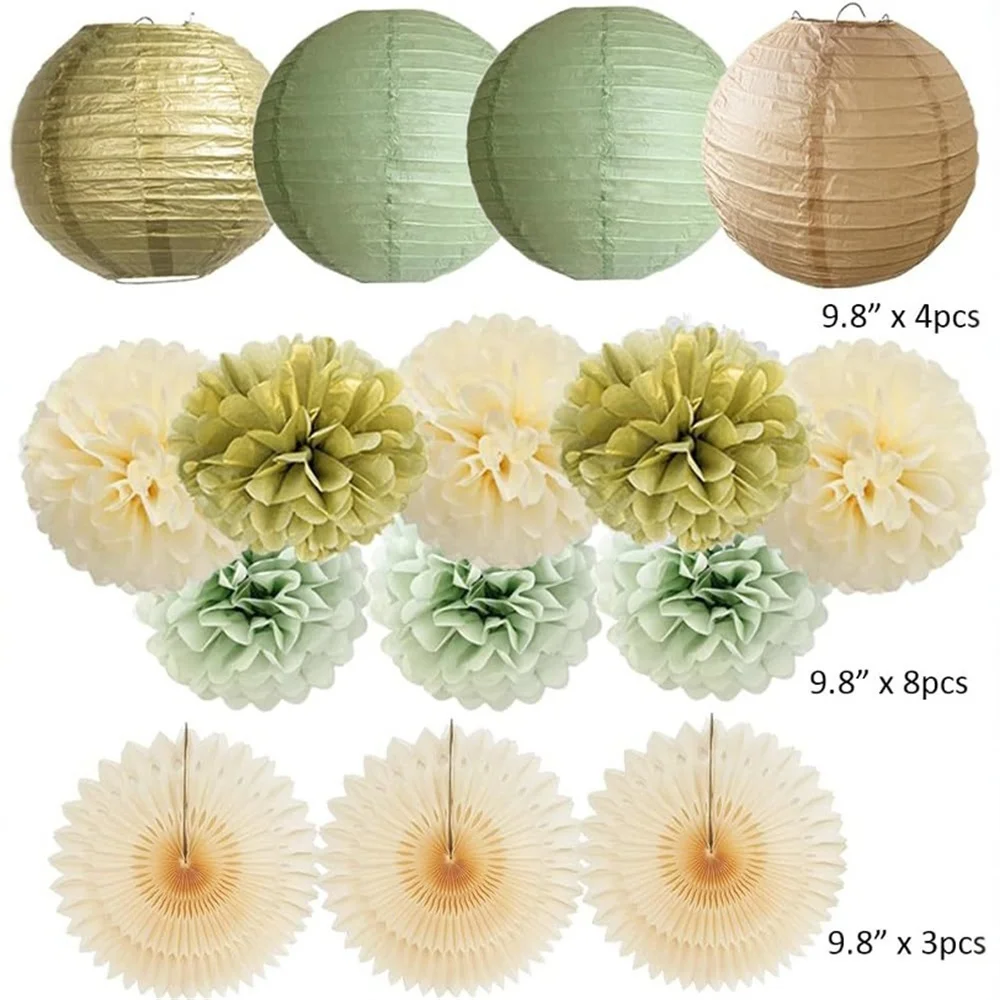 �Salbeigrüne, cremefarbene, pfirsichfarbene Seidenpapierlaternen, Fans, Pom Poms, faltbare Dekoration für Babyparty, Geburtstag, Hochzeit, Verlobung ​ – Detail 2