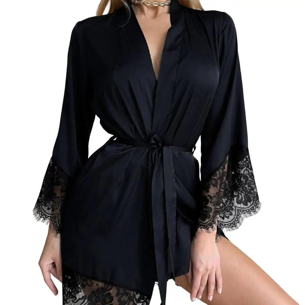 Women Sexy Silk Kimono Satin Dressing Gown Bath Robe Lace Lingerie Nightdress Nighties V-neck Nightdress Nightwear Nightshirt