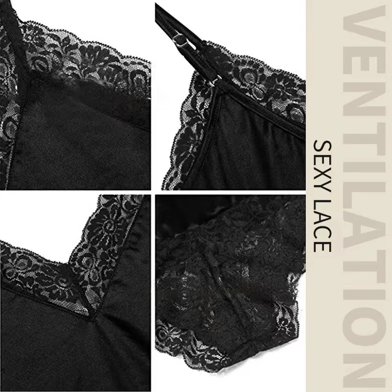 Women Lace Pajamas Nightclothes Black M L XL Sexy Ice Silky Smooth Cool Low Cut V Neck women lace pajamas
