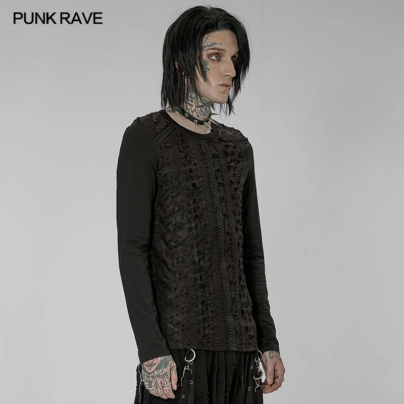【2plan】Rave damage knit tee PUNK RAVE Men's Gothic Daily Wear Knited Broken Holes Long