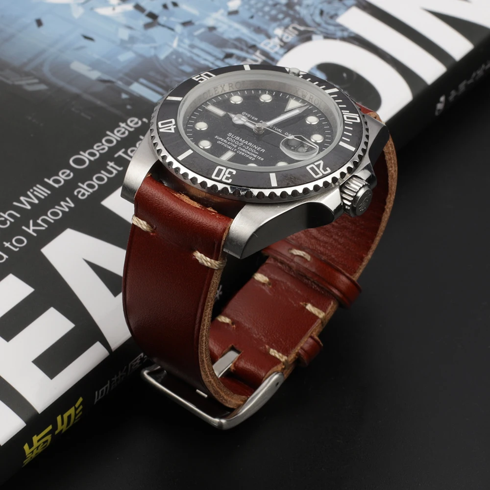 Handmade Stitched Strap Vintage Genuine Leather Watch Band 20mm 22mm Coffee Cowhide Watchband Quick Release for Men Watch Belt