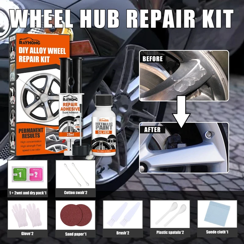 Car Motorcycle Universal DIY Alloy Wheel HUB Scratch Remove Repair Agent Kit Silver Polish Paint for Aluminum Iron Steel Wheels