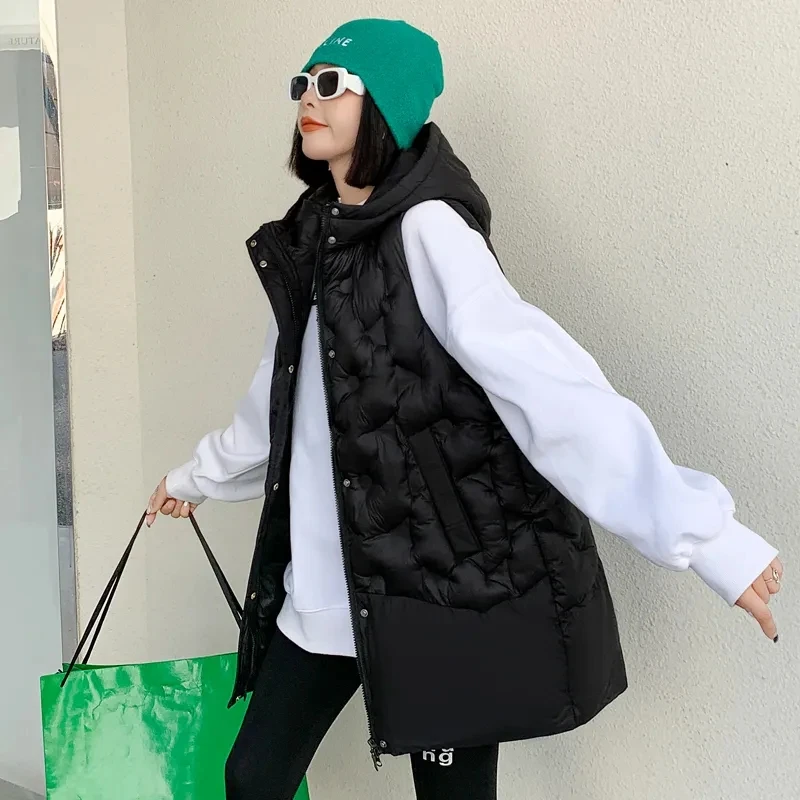 

Black Hooded Vest Jacket Women's Streetwear 2022 Autumn Winter New Loose Cotton Sleeveless Casual Coat Female Waistcoat Outwear