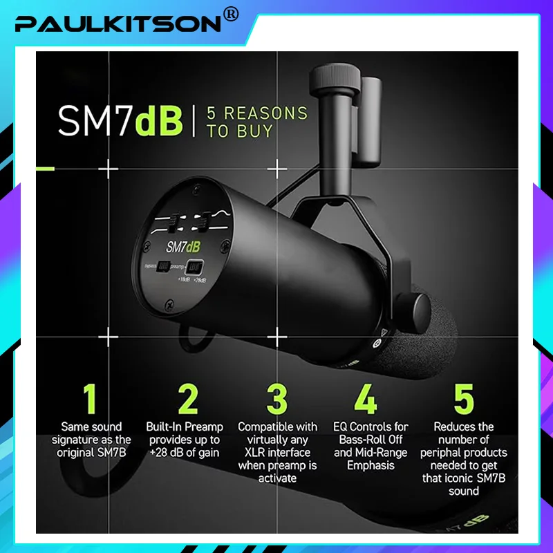 폴킷슨 프로페셔널 SM7dB 고게인 옵션 주파수 응답 다이나믹 보컬 마이크, 스트리밍 미디어에 적합