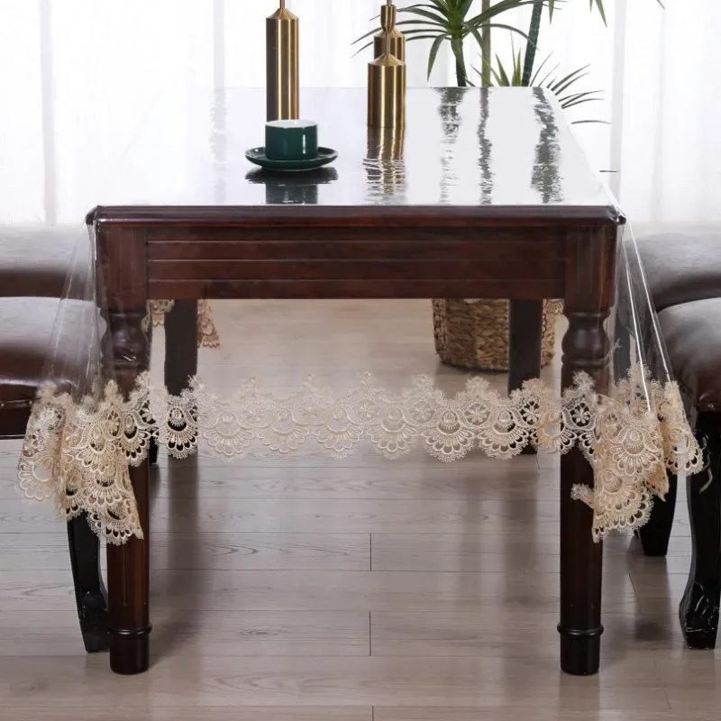 Waterproof Table Cloth PVC Transparent Soft Dining TableCloth Lace Embroidered Oil-proof Table Cover Coffee Table Crystal Plate 3