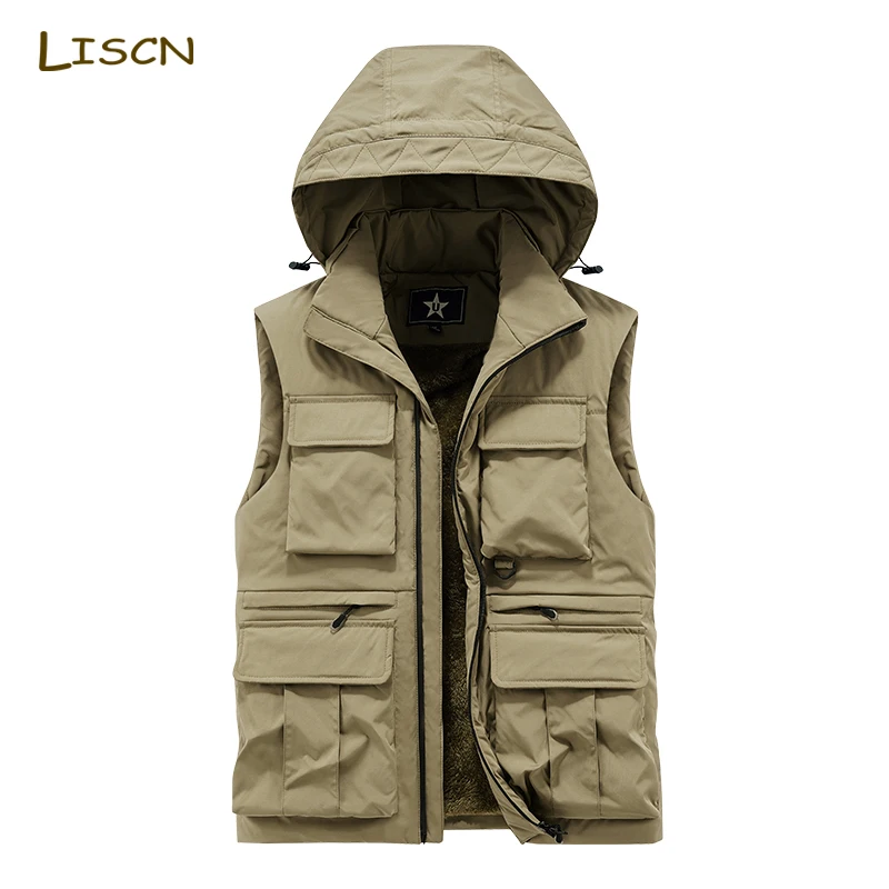 

Men Winter Sleeveless Hooded Jacket Men New Keep Warm Fleece Work Sleeveless Jacket Windbreaker Fashion Many PocketJacket Men