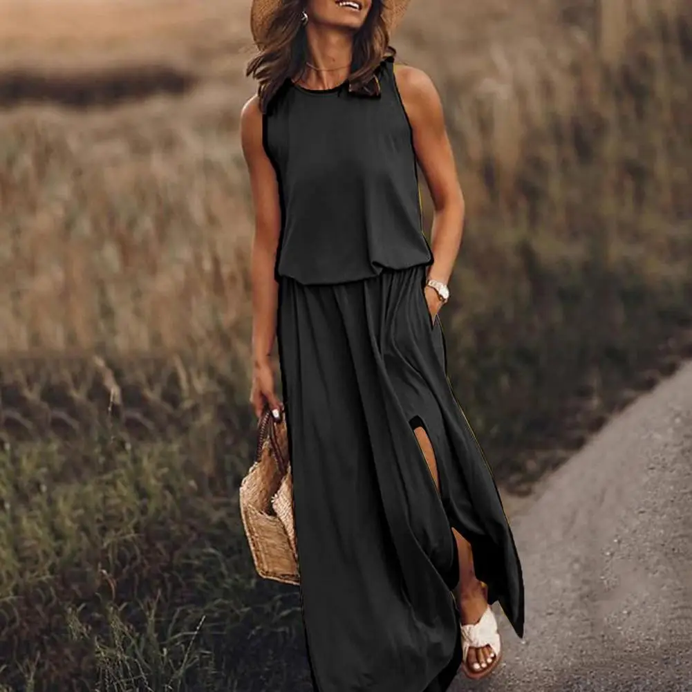 

Maxi Dress Sleeveless Non-Irritation Women Elegant Summer Solid Split Dress Apparel Fine Texture Long Dress for Student