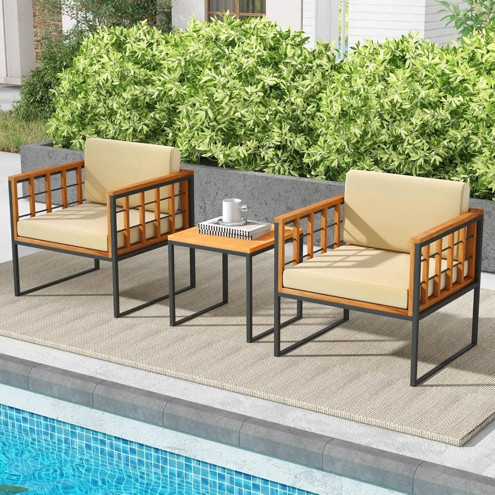 3 Pieces Patio Chair Set, Acacia Wood Outdoor Sofa Set with Metal Support, Soft Seat & Back Cushions Included, Cushions 3