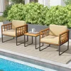 3 Pieces Patio Chair Set, Acacia Wood Outdoor Sofa Set with Metal Support, Soft Seat & Back Cushions Included, Cushions 3
