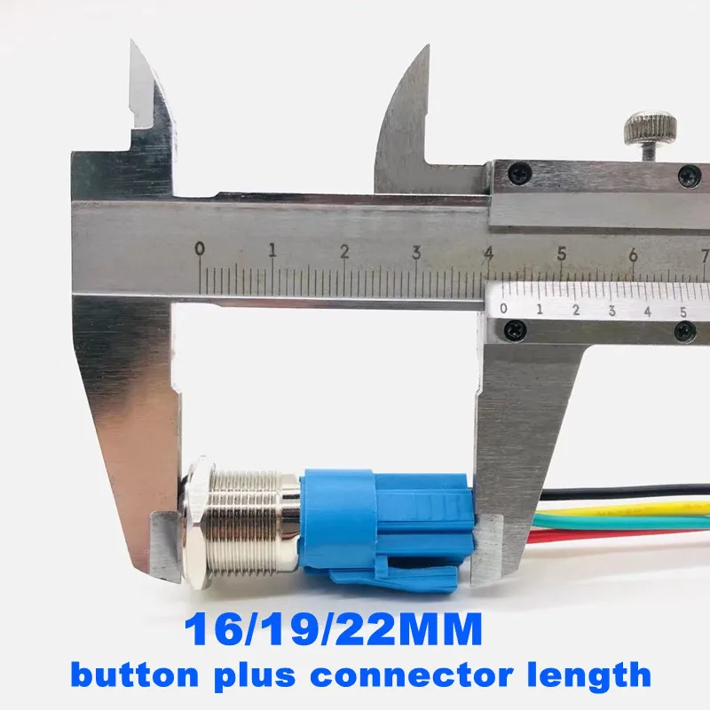연결 와이어가 있는 방수 금속 단추 스위치, LED 조명, 엔진 시동 정지 스위치, 즉시 잠금, 12mm, 16mm, 19mm, 5 개