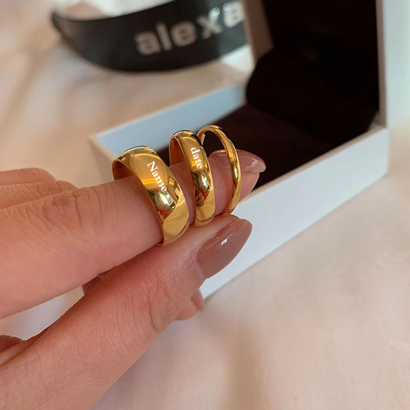 

2/4/6/8mm Gold Stainless Steel Lover Couple Wedding Band Rings for Women Men Custom Engrave Name Valentine's Day Gift
