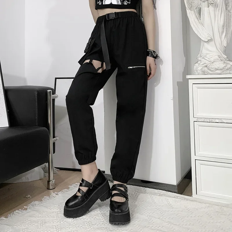 High Waist Women Cargo Pants Black Punk Loose Patchwork Streetwear Harajuku Mall Gothic Grunge Aesthetic 2023 Hollow Trousers pu leather wide leg pants women loose casual plus size high waist pants punk gothic black trousers winter thick warm clothing