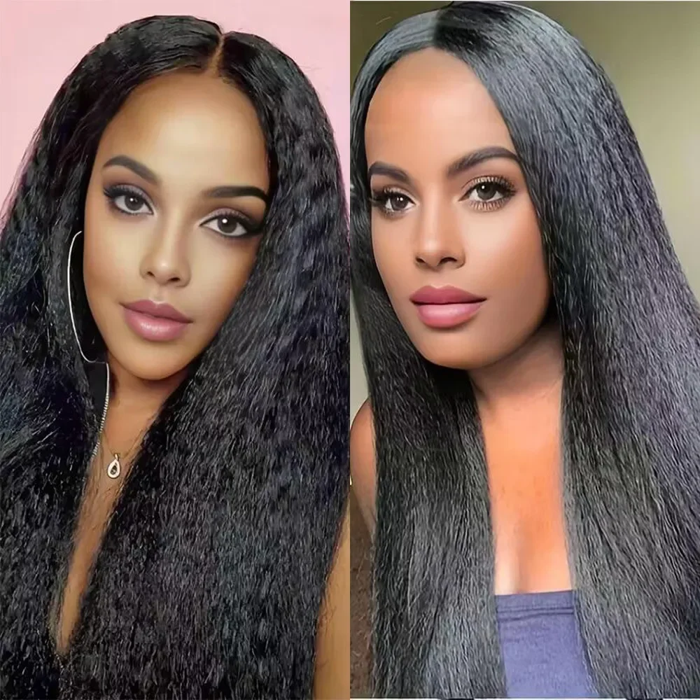 16/22inch Synthetic Full and Thick Women's Black Long Yaki Straight Wig Polyester High-Temperature Fiber Full Head Party Wig